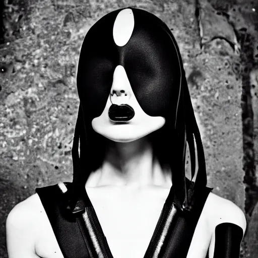 Image similar to fashion black and white photography of an extraterrestrial model, wearing a gaz mask, wearing demobaza fashion, inside berghain, berlin fashion, harness, futuristic fashion, dark minimal outfit, photo 3 5 mm leica, hyperdetail, berghain, 8 k, very detailed, photo by nick knight