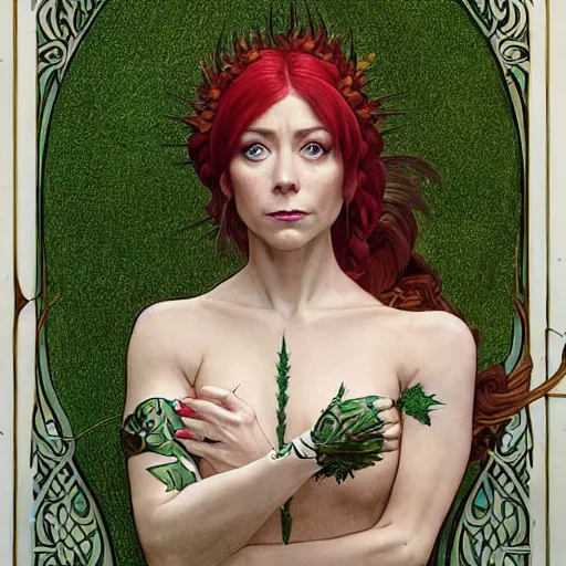 Prompt: a stunningly detailed illuminated manuscript of a beautiful alyson hannigan dressed as poison ivy with white skin and with hair tied in a braid, dark eyeliner, intricate, elegant, highly detailed, digital painting, artstation, concept art, sharp focus, illustration, art by greg rutkowski and alphonse mucha