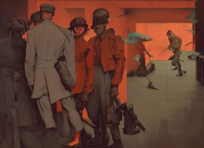 Image similar to a still from the movie enemy at the gates by francis bacon and norman rockwell and james jean, and mark brooks, triadic color scheme, by greg rutkowski, syd mead and edward hopper and norman rockwell and beksinski, dark surrealism, orange and turquoise