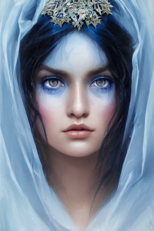 Prompt: tanned Ameera al-Taweel, bright blue eyes, long wavy black hair, simple white veil, closeup, focus face, elegant, highly detailed, centered, oil painting, artstation, concept art by tom bagshaw