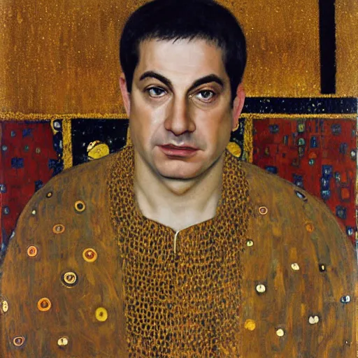 Prompt: a portrait of benjamin netanyahu wearing golden ornate robe, earings, necklace, jewels, by gustave klimt