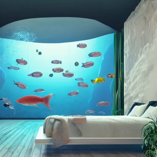 Image similar to photo of the modern fashionable room as aquarium with a chandelier as a big jellyfish, beautiful corals on the walls and dangerous sharks on the big panoramic window, a lot of gleans, under the ocean, realistic colors, realistic shadows, daylight made in blender and cinema 4 d, hd, 3 d by beeple and by greg rutkowski