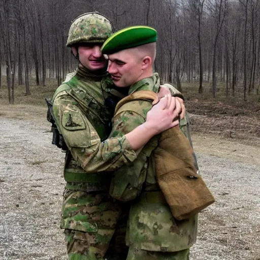 Image similar to a picture of two soldiers. a soldier from ukraine and russia are hugging peacefully