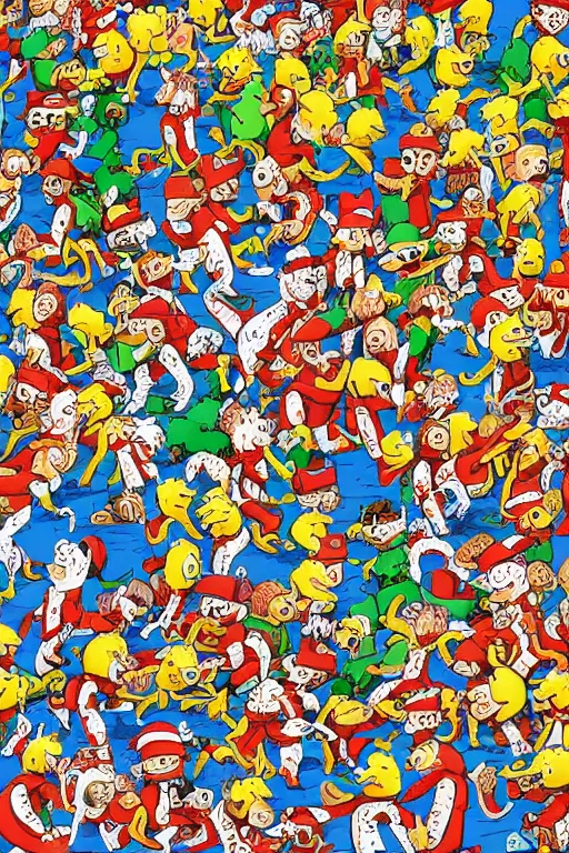 Prompt: full frontal page, finding waldo but he is a duck, highly detailed, 8k