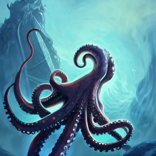 Prompt: an eldritch octopus holding swords in its tentacles, rising up out of water, fantasy art, concept art, illustration, artstation award, atmospheric, dramatic, action, waves