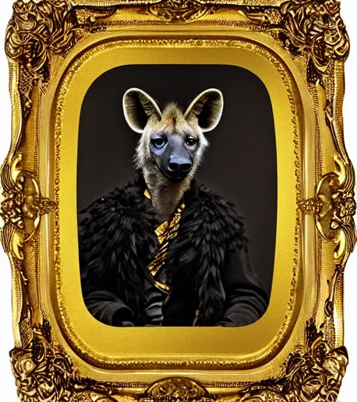 Image similar to professional studio photo portrait of anthro anthropomorphic spotted hyena head animal person fursona smug smiling wearing elaborate pompous royal king robes clothes gold frame by Louis Daguerre daguerreotype tintype