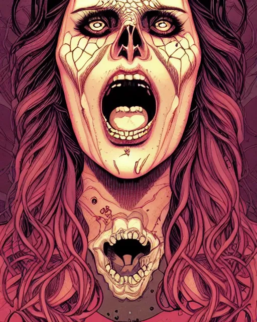 Image similar to comic horror cover art of a beautiful woman screaming in terror, skull mosaic background, illustration by jenny frison and sana takeda, intricate details, stunning inking lines, stunning gradient colors, 4 k, hd, artstation, award winning