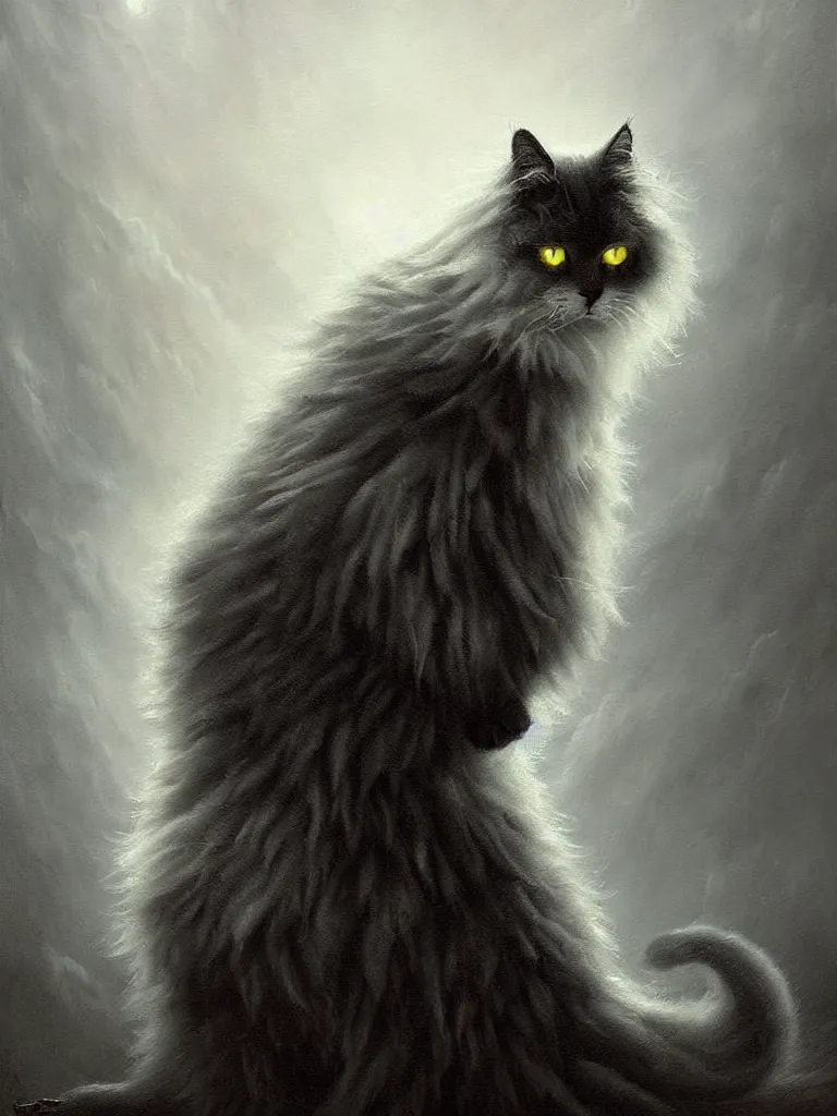 Image similar to highly detailed oil painting | very intricate | cinematic lighting | black, white and blood color scheme, dark background | portrait of a exquisite beautiful white fluffy cat with yellow eyes, gothic fog ambience, hyper realistic head, fantasy victorian art, in the style of greg rutkowski, zdizslaw beksinski, intricate, alphonse mucha