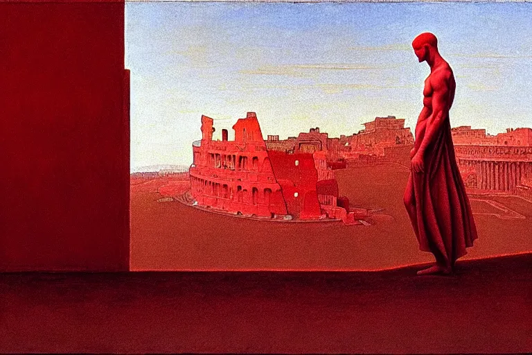 Image similar to only with red, caesar after war, a red tiger, in hoc signo vinces, rome in background, an ancient path, in the style of beksinski, part by hopper, part by rodcenko, part by hofbauer, intricate composition, red by caravaggio, insanely quality, highly detailed, masterpiece, red light, artstation