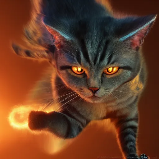 Image similar to cat goku special attack charging, golden hour, fantasy, sharp focus, digital art, hyper realistic, 4 k, unreal engine, highly detailed, hd, dramatic lighting by brom, trending on artstation