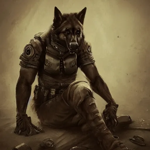 Image similar to a humanoid german shepherd beast - man in military style, sitting on the carpeted floor beside a bed, highly detailed portrait, digital painting, artstation, concept art, smooth, sharp foccus ilustration, artstation