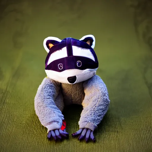 Image similar to racoon wearing tracksuit, plushie photography,