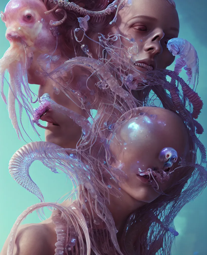 Image similar to goddess close - up portrait human skeleton, ram skull, jellyfish, orchid, betta fish, bioluminiscent, intricate artwork by tooth wu and wlop and beeple. octane render, trending on artstation, greg rutkowski very coherent symmetrical artwork. cinematic, hyper realism, high detail, octane render, 8 k