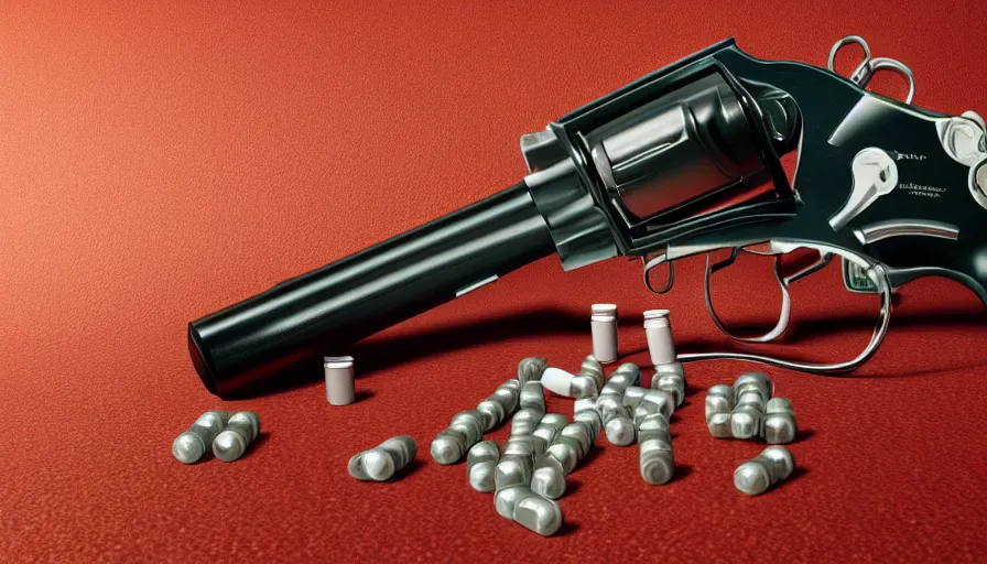 Image similar to hyper-realistic image of a revolver with a prescription medicine bottle as chamber cylinder beautiful color, high quality, high textured