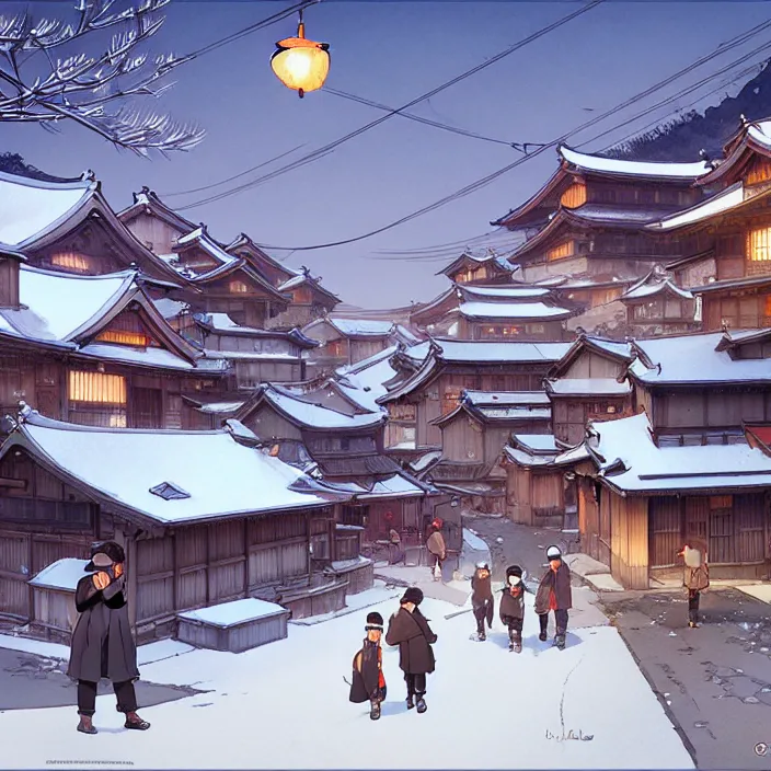 Prompt: japanese rural town, winter, in the style of studio ghibli, j. c. leyendecker, greg rutkowski, artem