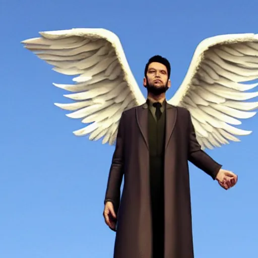 Prompt: Lucifer Morningstar hovering in the sky with his angelic wings out
