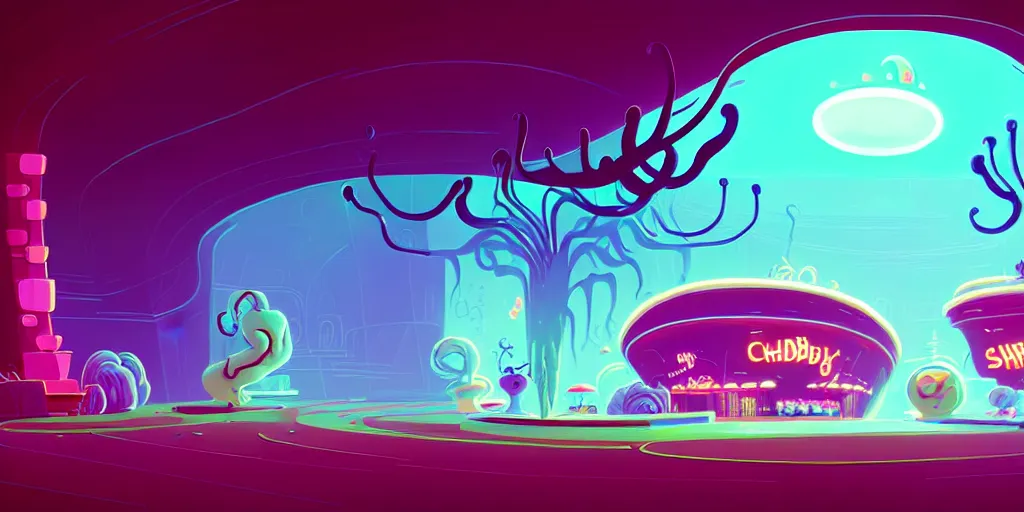 Image similar to minimalistic extreme wide angle curved perspective digital art of sss chubby cotton candy indoor casino with curly plants by anton fadeev from nightmare before christmas