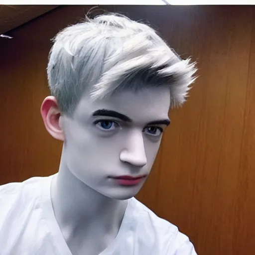 Image similar to “a realistic detailed photo of a guy who is an attractive humanoid who is half robot and half humanoid, who is a male android, twitch streamer Ninja Tyler Blevins, shiny skin, posing like a statue, blank stare”