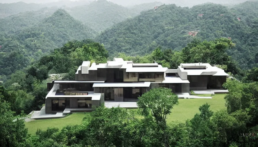 Image similar to villa inspired by tibetan architecture, on a green hill, overlooking a valley with trees, frank lloyd wright, zaha hadid, le corbeusier, photorealistic, birds eye view