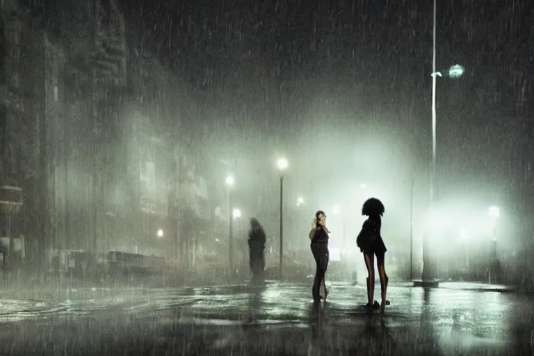 Prompt: vfx beautiful black woman photo real, sci-fi city street night lighting, rain and fog by Emmanuel Lubezki