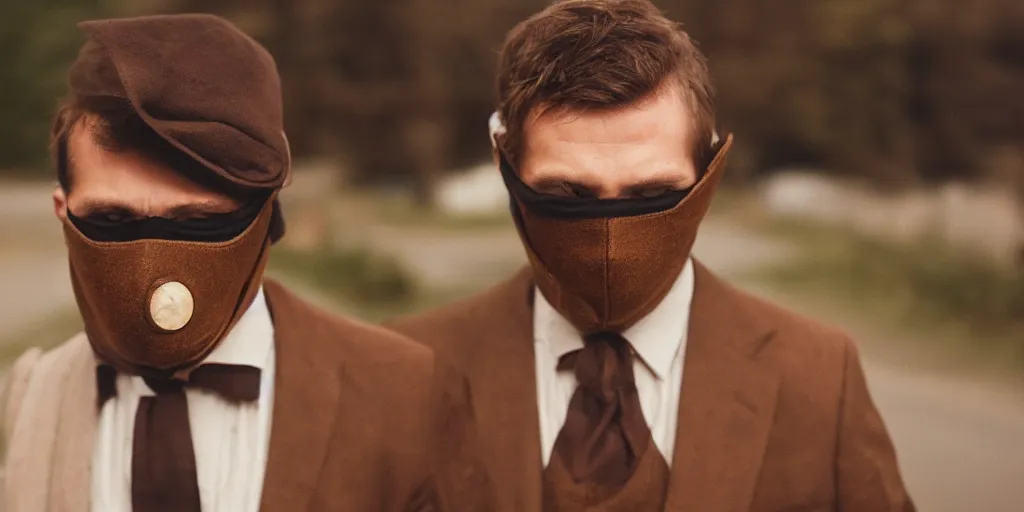 Image similar to a man wearing a brown suit and a mask that is connected to a homemade time machine, cinematic, 8 5 mm lens, shot on arri alexa, atmospheric