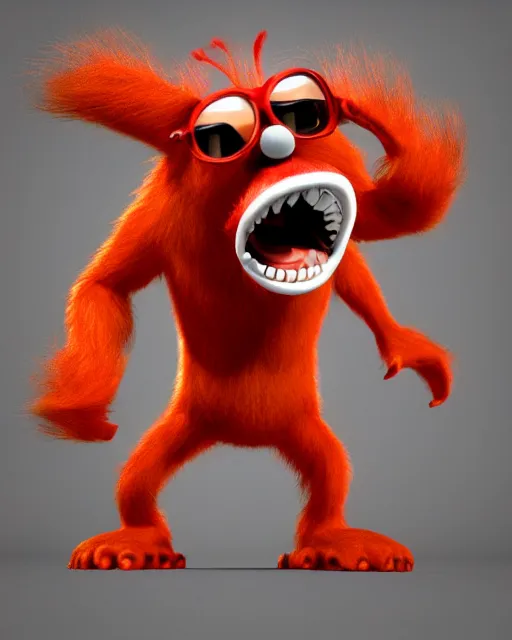 Prompt: 3 d render of completely red hairy friendly antropomorphic cartoony creature wearing chrome shades, without nose, full body, in the style of pixar, white background, unreal engine 5, octane render, highly detailed hdr