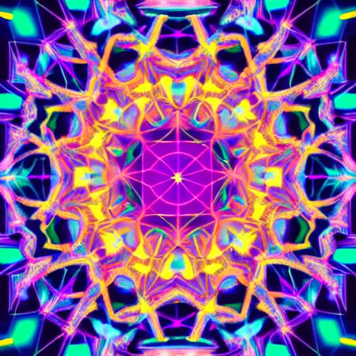 Image similar to a photo of a distant nebular in space with geometric kaleidoscopic pattern of neon colors trending 4 k intricate digital art