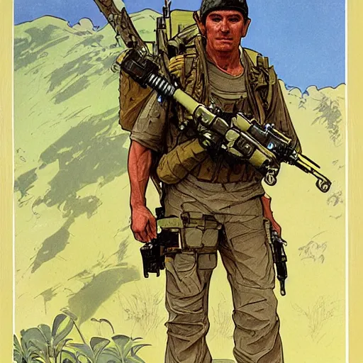 Image similar to Hector. USN special forces recon operator on patrol Australian neutral zone. 2087. Concept art by James Gurney and Alphonso Mucha