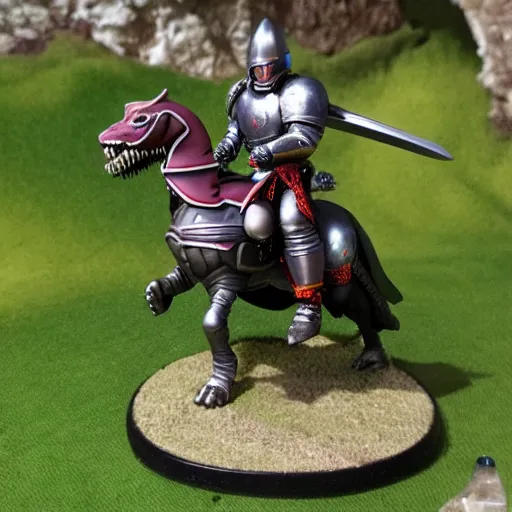 Image similar to D&D, high detail, miniature of medieval knight riding an allosaurus, heavy cavalry, Asgard rising, MyMiniFactory, 28mm scale