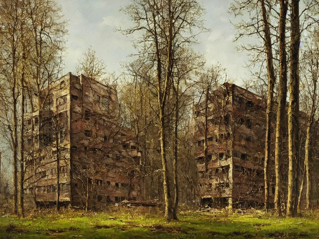 Image similar to A beautiful painting of a dilapidated post-modern building in the wood, by Paul Gustav Fischer, Trending on artstation, very detailed