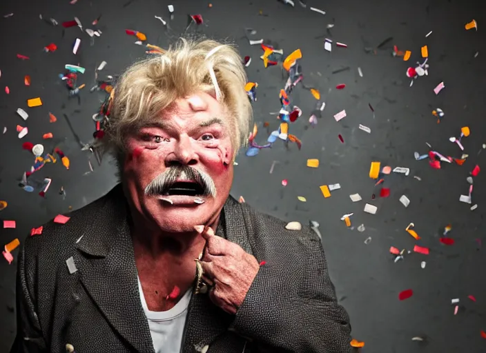 Image similar to photo still of rip taylor in a jail cell!!!!!!!! at age 5 4 years old 5 4 years of age!!!!!!! throwing confetti from a bucket, 8 k, 8 5 mm f 1. 8, studio lighting, rim light, right side key light