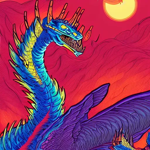 Image similar to A beautiful detailed vivid color colorful comic illustration of King Ghidorah, by Dan Mumford, trending on artstation