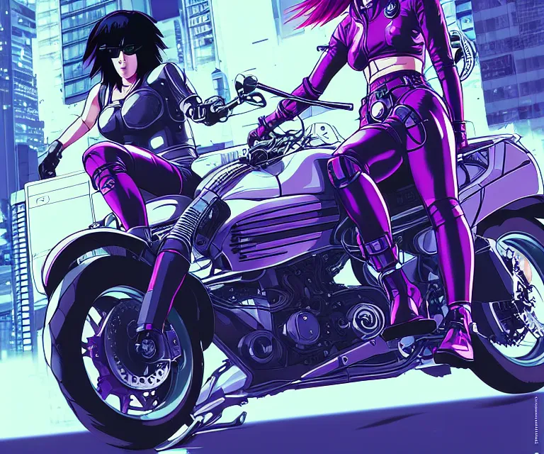 Image similar to motoko kusanagi riding a cyberpunk vehicle in a grungy cyberpunk megacity, bosozoku gang war, cyberpunk vaporwave, by phil jimenez, artgerm, sola digital arts, anti aliasing, raytracing