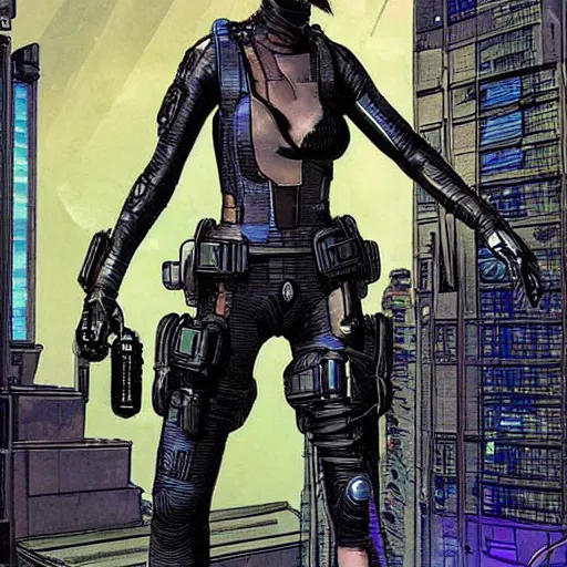 Prompt: Selina. Apex legends cyberpunk spy in stealthsuit. Concept art by James Gurney and Mœbius.