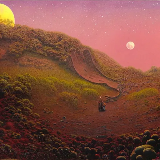 Prompt: a landscape on the moon with many craters, barren moon landscape, a broken moon lander, in a big crater at the center there is a beautiful flowering garden, 8 k, lowbrow in the style of martin johnson heade, roger dean and daniel merriam,