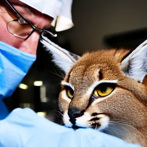 Image similar to doctor using a stethoscope to examine a cute fluffy caracal under bright operating room lights, closeup, wide angle, backlit