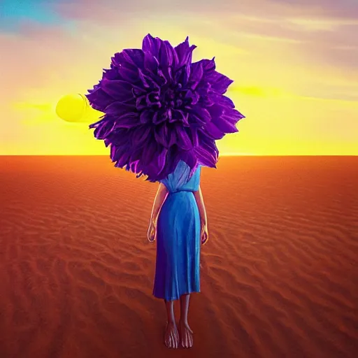 Image similar to portrait, giant purple dahlia flower head, woman between dunes, surreal photography, sunrise, blue sky, dramatic light, impressionist painting, digital painting, artstation, simon stalenhag