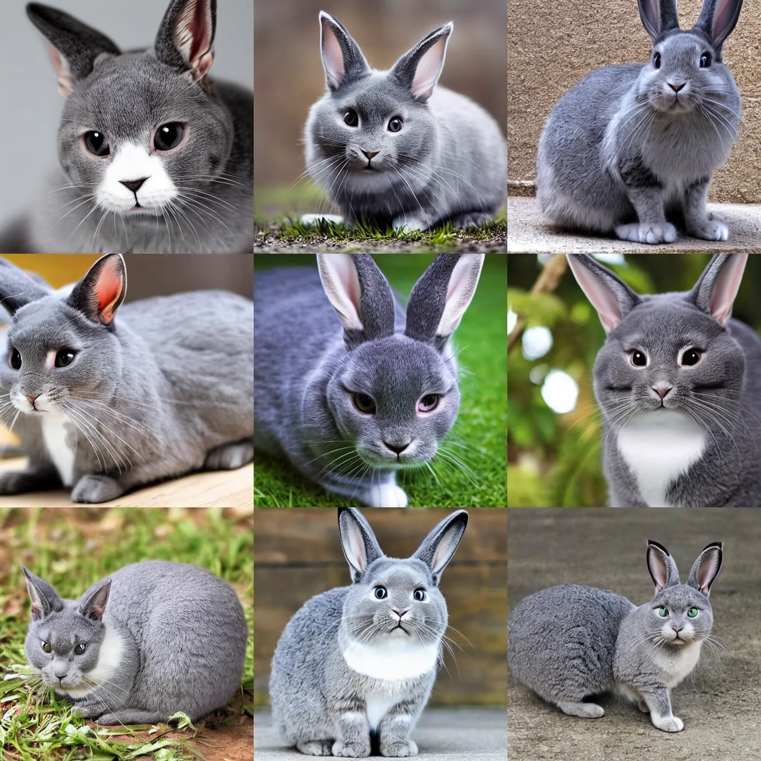 Prompt: a grey bunny cat - a cat combined / merged with a rabbit