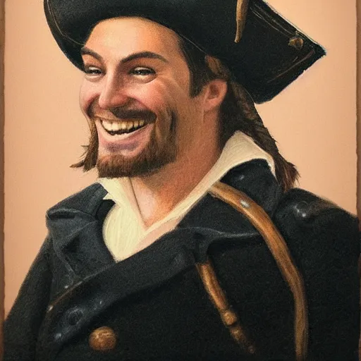 Prompt: a happy smiling loving pirate captain gazing into the horizon in the style of mary jane ansell.