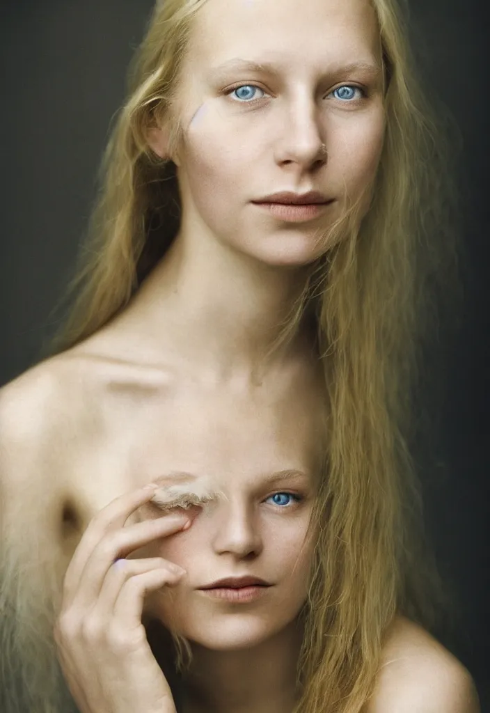 Image similar to portrait of a beautiful young scandinavian woman. studio photo by annie leibovitz.