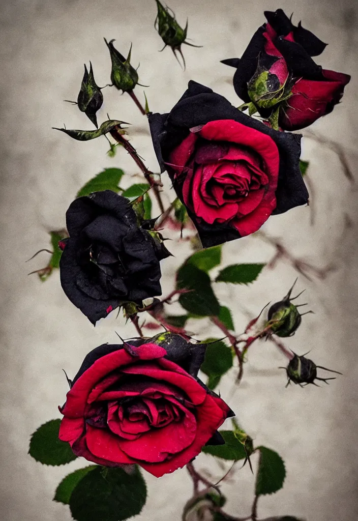 Prompt: a beautiful rose with black petals and blood - stained thorns