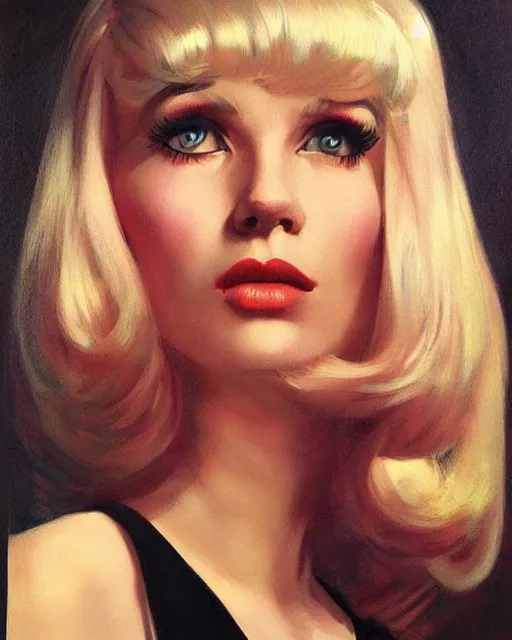 Prompt: portrait 1 9 6 0 s elegant blonde beautiful mod girl, long straight 6 0 s hair with bangs, groovy, by brom, tom bagshaw, sargent