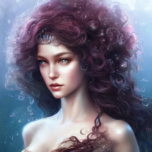 Prompt: beautiful mermaid with curly hair, magical details, magical atmosphere, cinematic lighting, hyper - detailed, cgsociety, 8 k, high resolution, in the style of charlie bowater, tom bagshaw, alexis franklin, elena masci, pawel rebisz