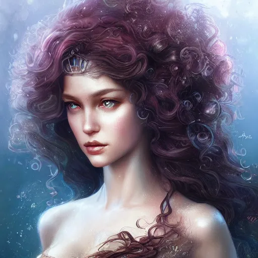 Image similar to beautiful mermaid with curly hair, magical details, magical atmosphere, cinematic lighting, hyper - detailed, cgsociety, 8 k, high resolution, in the style of charlie bowater, tom bagshaw, alexis franklin, elena masci, pawel rebisz