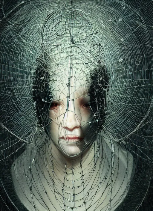 Image similar to portrait of a futuristic geisha cyborg surrounded by wire locked into the matrix, in the style of ghost, by jheronimus bosch and greg rutkowski,