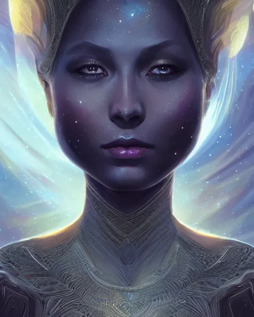 Prompt: close up portrait of a beautiful pleiadian starseed, fantasy, intricate, elegant, highly detailed, digital painting, artstation, concept art, smooth, sharp focus, illustration, by artgerm and greg rutkowski