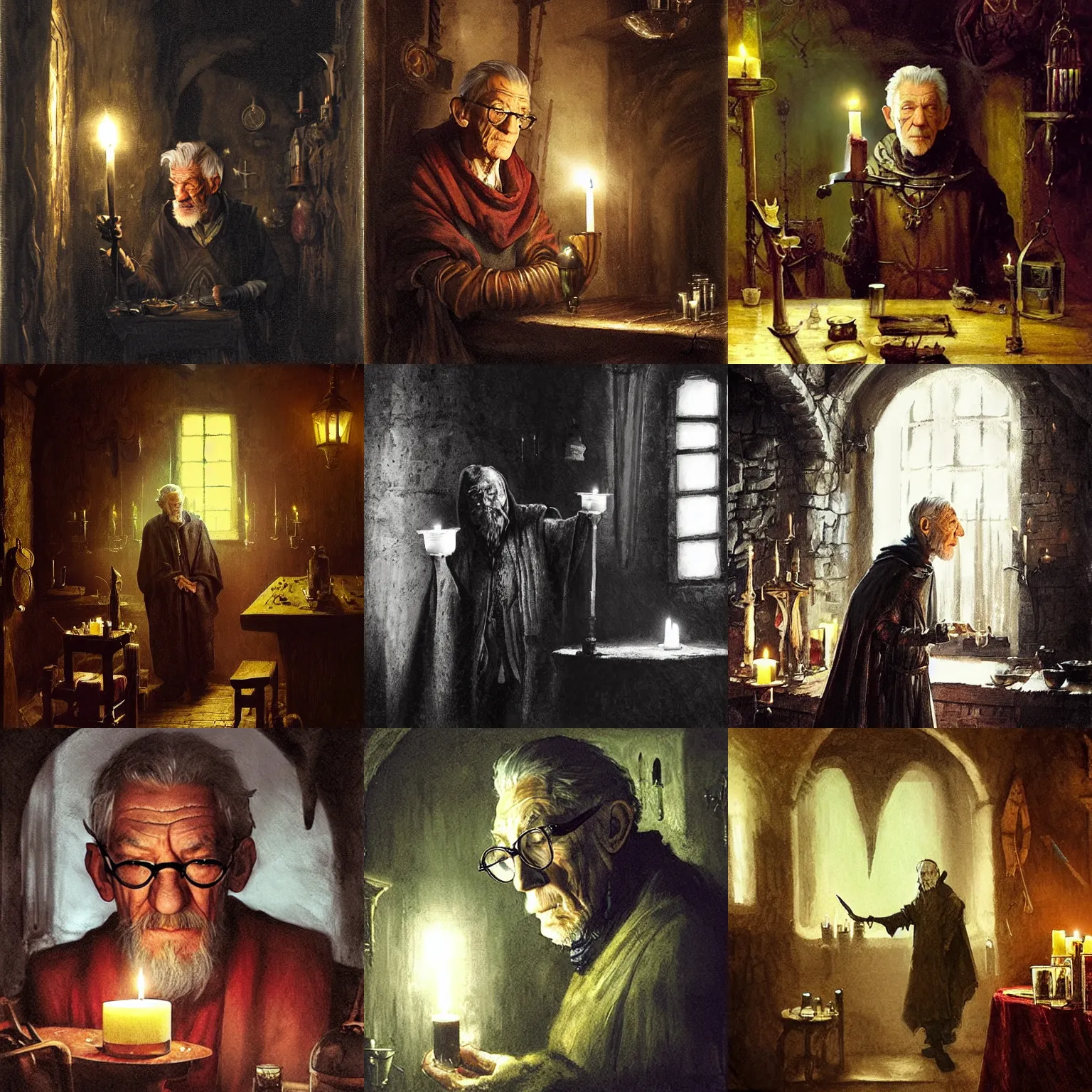 Prompt: skinny, cautious, paranoid 7 0 years old alchemist ( ian mckellen with a long goatee and with scissor glasses ), looks around in a dark medieval inn. close up, dark shadows, colorful, candle light, law contrasts, fantasy concept art by jakub rozalski, jan matejko, and j. dickenson