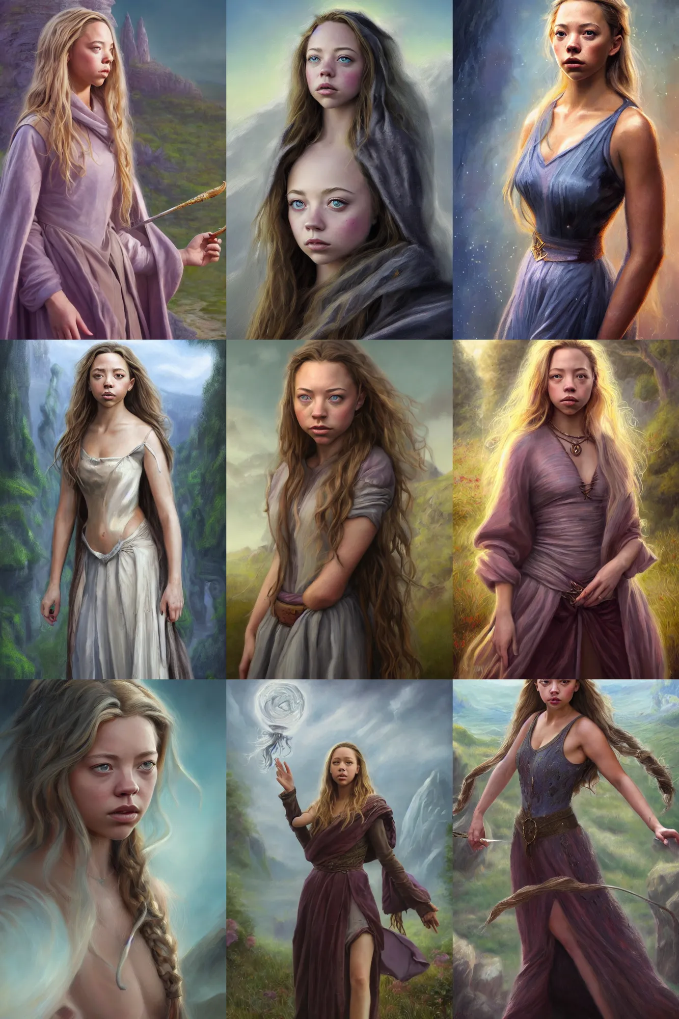 Prompt: a full body high detail fantasy portrait oil painting illustration of sydney sweeney as an elegant female wizard by justin sweet with face and body clearly visible, in a scenic background, pupils visible, realistic proportions, d & d, rpg, forgotten realms, artstation trending, high quality, sombre mood, artstation trending, muted colours, entire person visible!