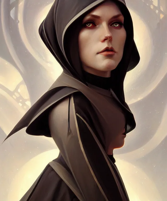 Image similar to futuristic nun woman portrait, sci-fi, amber eyes, face, long hair, fantasy, intricate, elegant, highly detailed, digital painting, artstation, concept art, smooth, sharp focus, illustration, art by artgerm and greg rutkowski and alphonse mucha