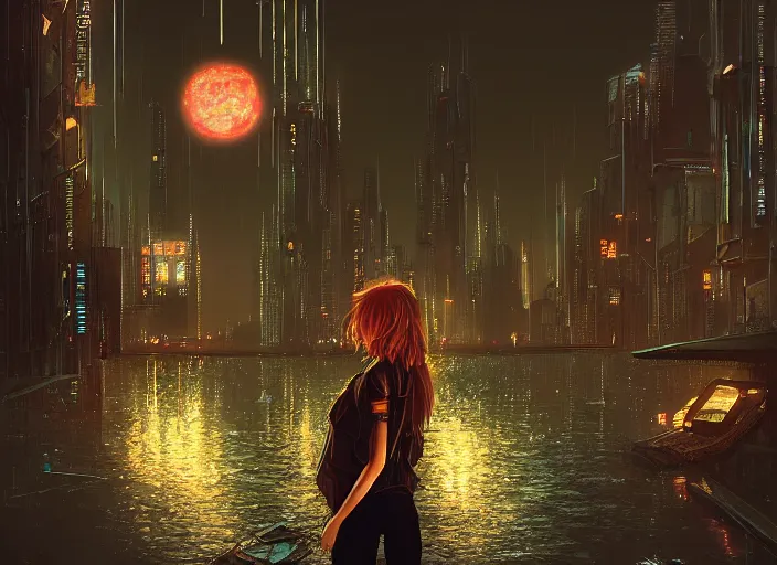 Image similar to girl staring at a meteorite hitting a floating cyberpunk city at night by wlop, key visual, high detail, digital art